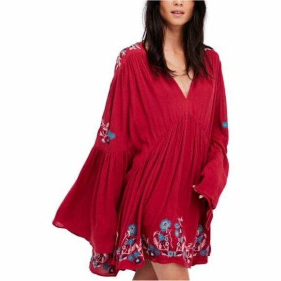 Free People Dresses & Skirts - NWT Free People Embroidered Peasant Te Amo Mini Dress Red Boho Size XS H12346